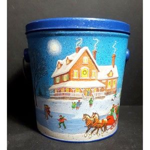 1987 Christmas tin kids skating snowman horse sleigh ride church tree